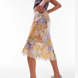 TOPSHOP yellow and purple tie-die lace midi skirt NWT